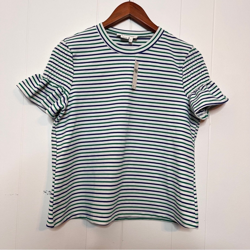 Anthropologie Trudie Striped White Blue Green Smocked Sleeve Top Women's Small